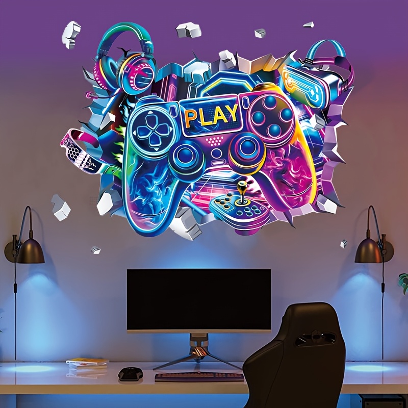 TEMU Grands stickers muraux pour jeux vidéo, avec de murs cassés à avec manettes et de jeux vidéo, parfaits pour décorer des chambres, salons, de jeux, bureaux et