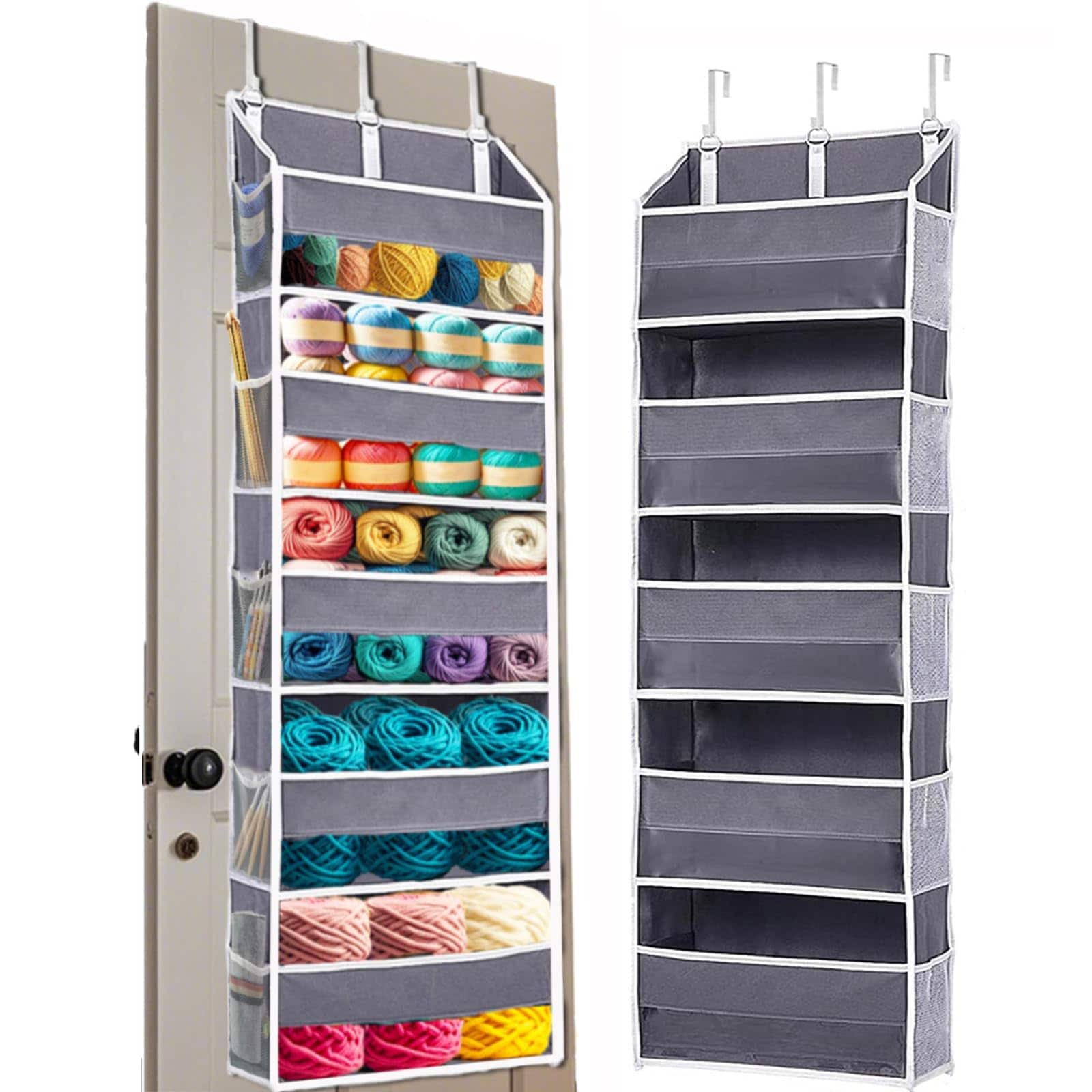 Misopily Over Door Yarn Storage Organizer 55x15x6.5 Inch 5 Large Compartments 10 Side Pockets 3 Hooks for Crochet Knitting Supplies 1 Piece